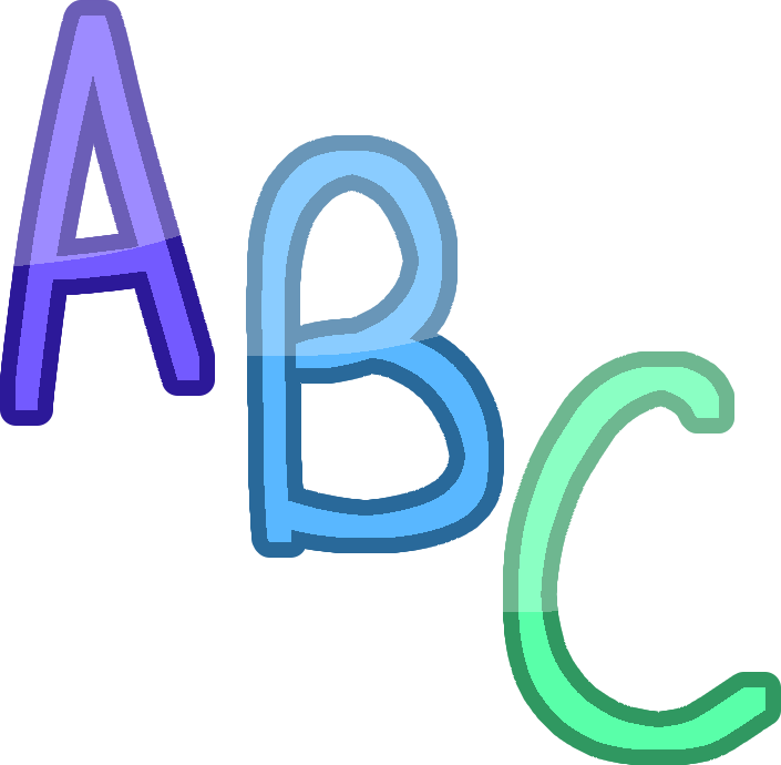 A capital A, B, and C, written in violet, blue, and green.